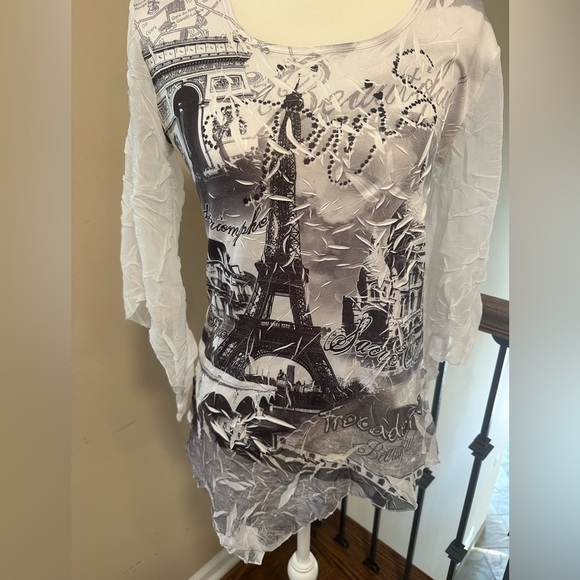 Mycra Paris Eiffel Tower Paris Graphic Crinkle Tunic Top Women’s Size Small - Picture 2 of 5